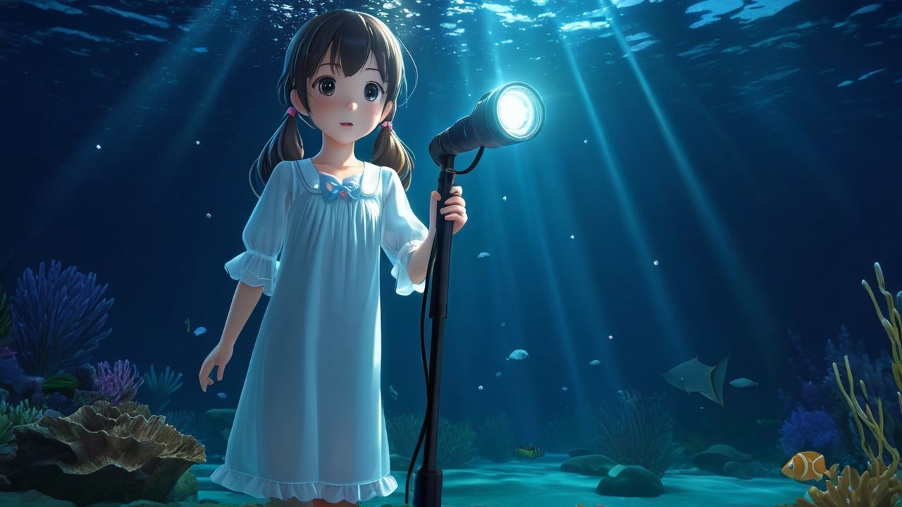 Young girl in white dress illuminated underwater scene