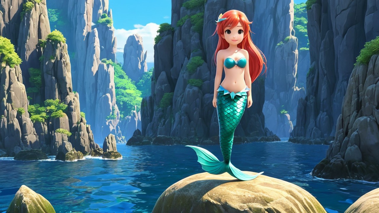 Vibrant Mermaid on Rocky Outcrop in Aquatic Landscape