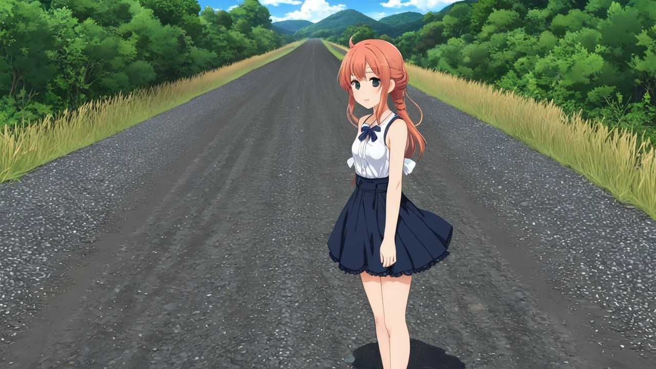 Girl with Orange Hair on Paved Road in Greenery