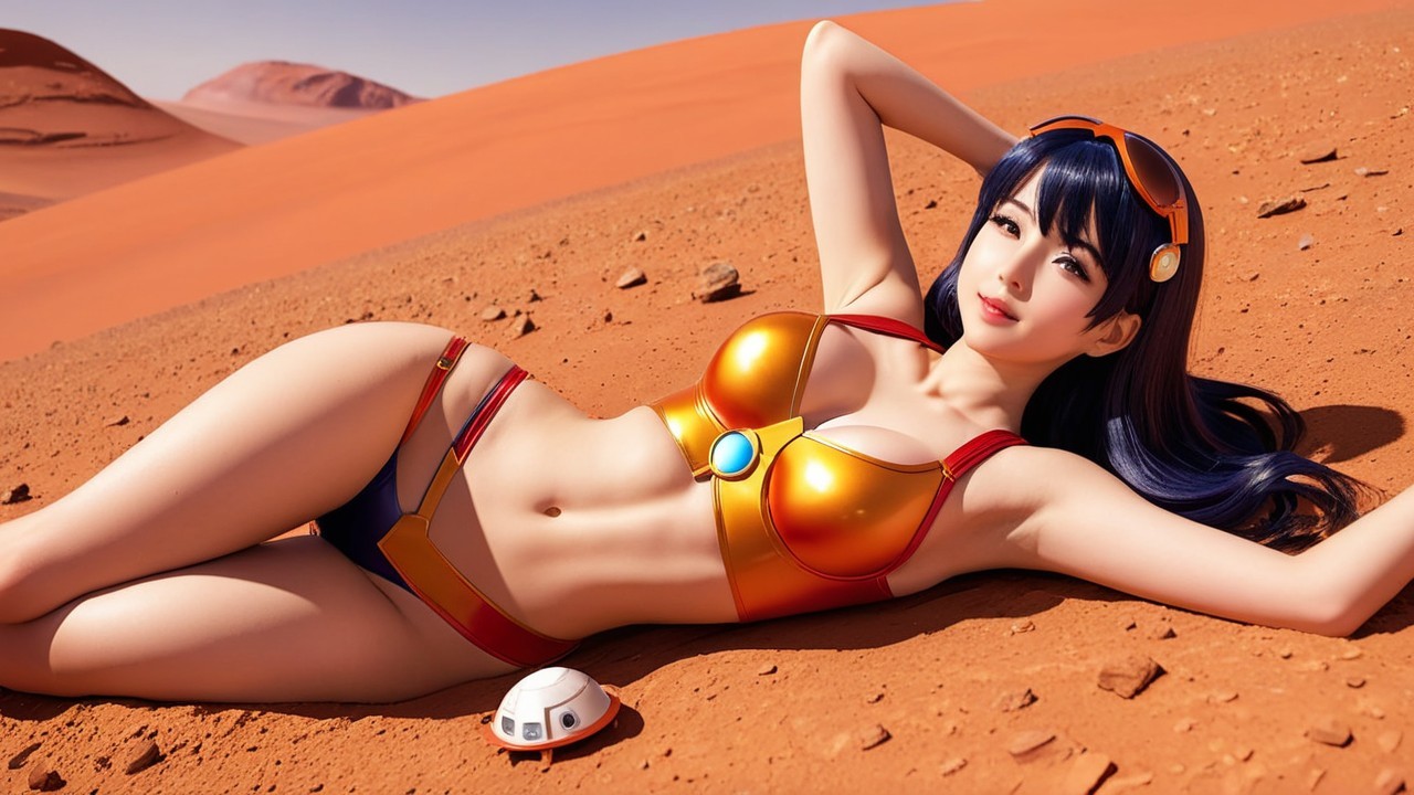 Woman in Futuristic Bikini on Desert Landscape
