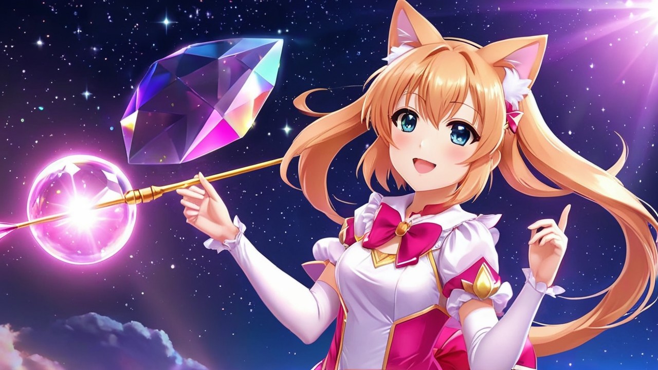 Cheerful anime girl in magical outfit under starry sky