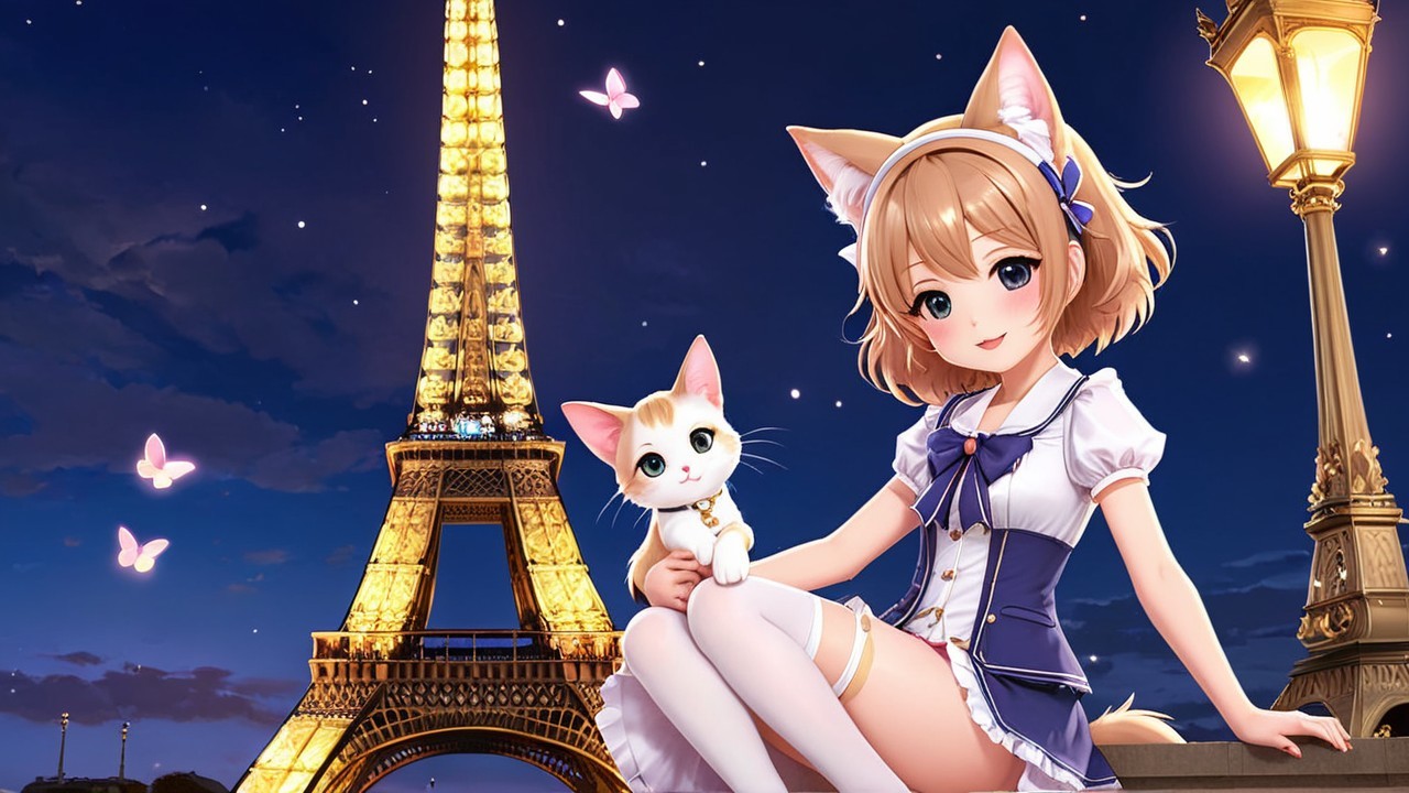 Anime Girl with Cat Ears by Eiffel Tower at Night