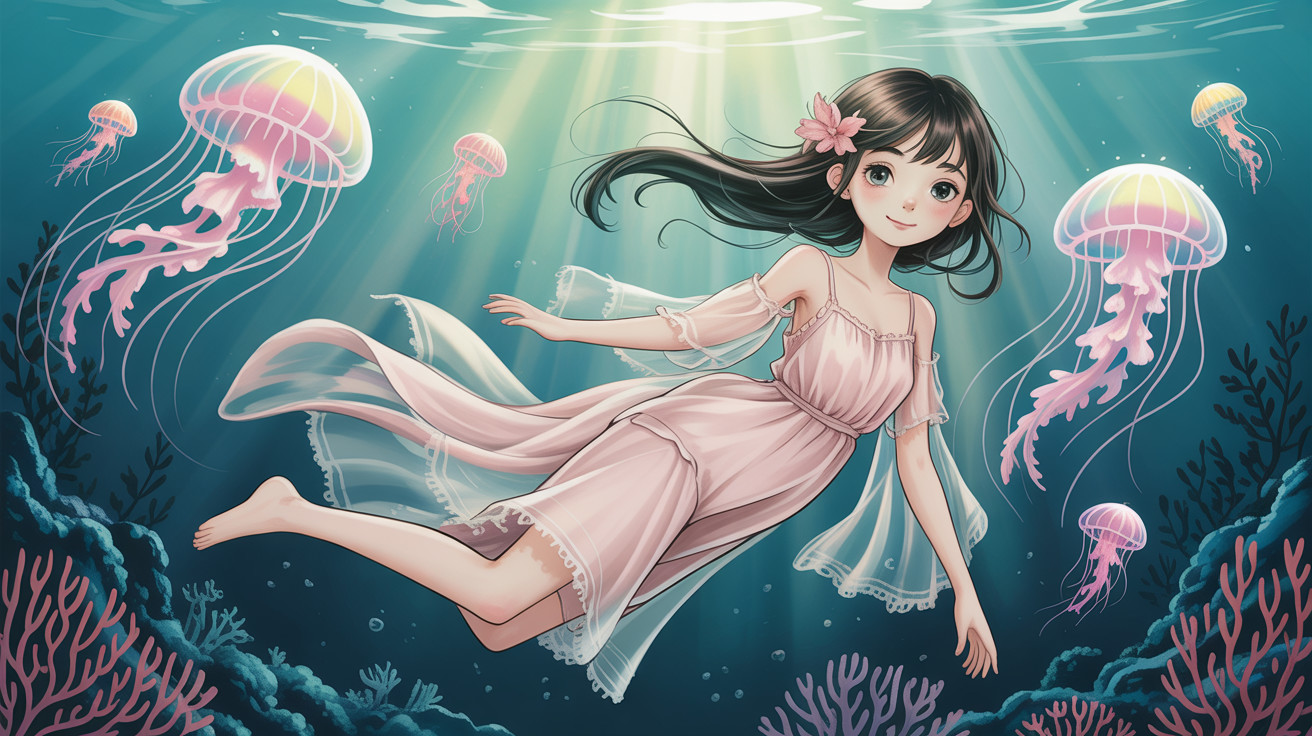 Anime girl swimming in ocean with jellyfish and flowers