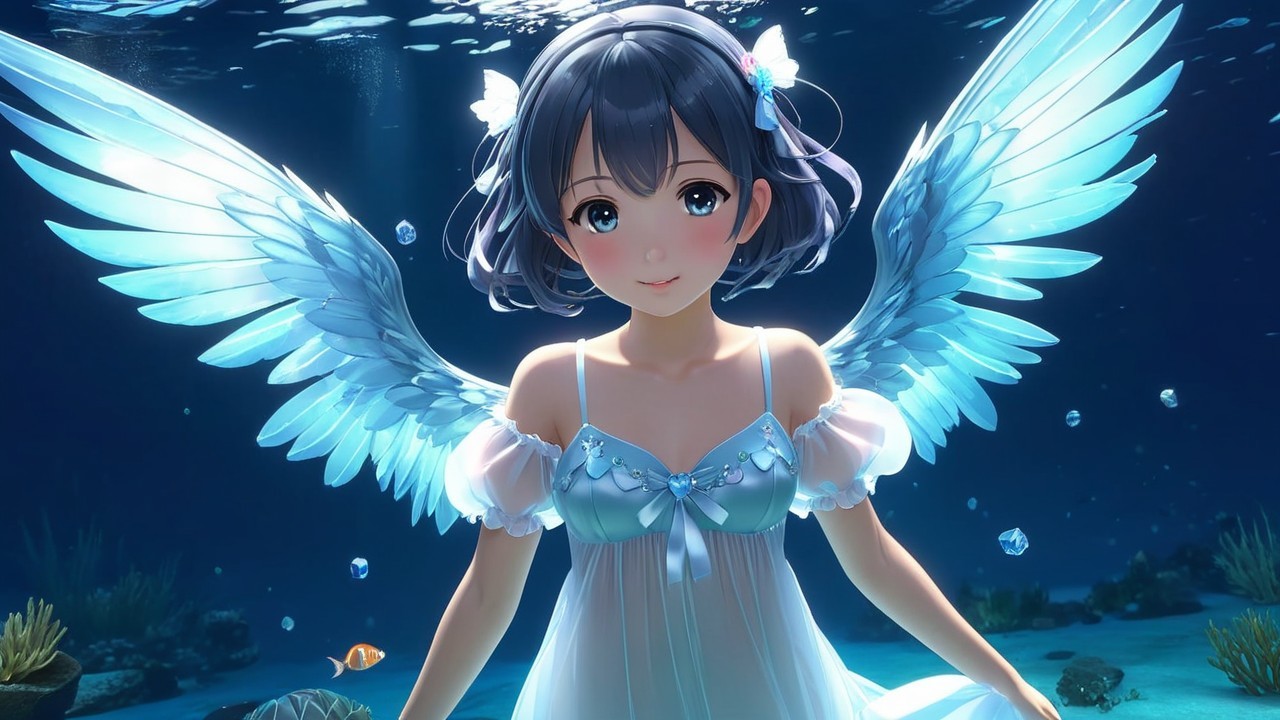 Underwater Scene with Angelic Character and Marine Life
