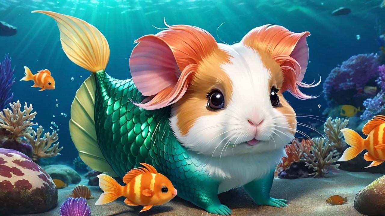 Whimsical Underwater Scene with Guinea Pig and Coral Reef