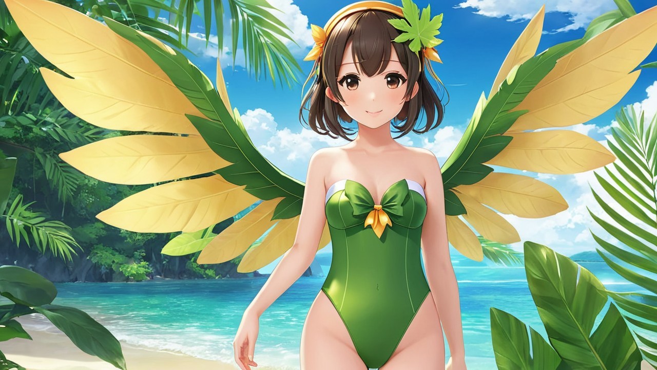 Young Woman in Green Swimsuit on Sandy Beach