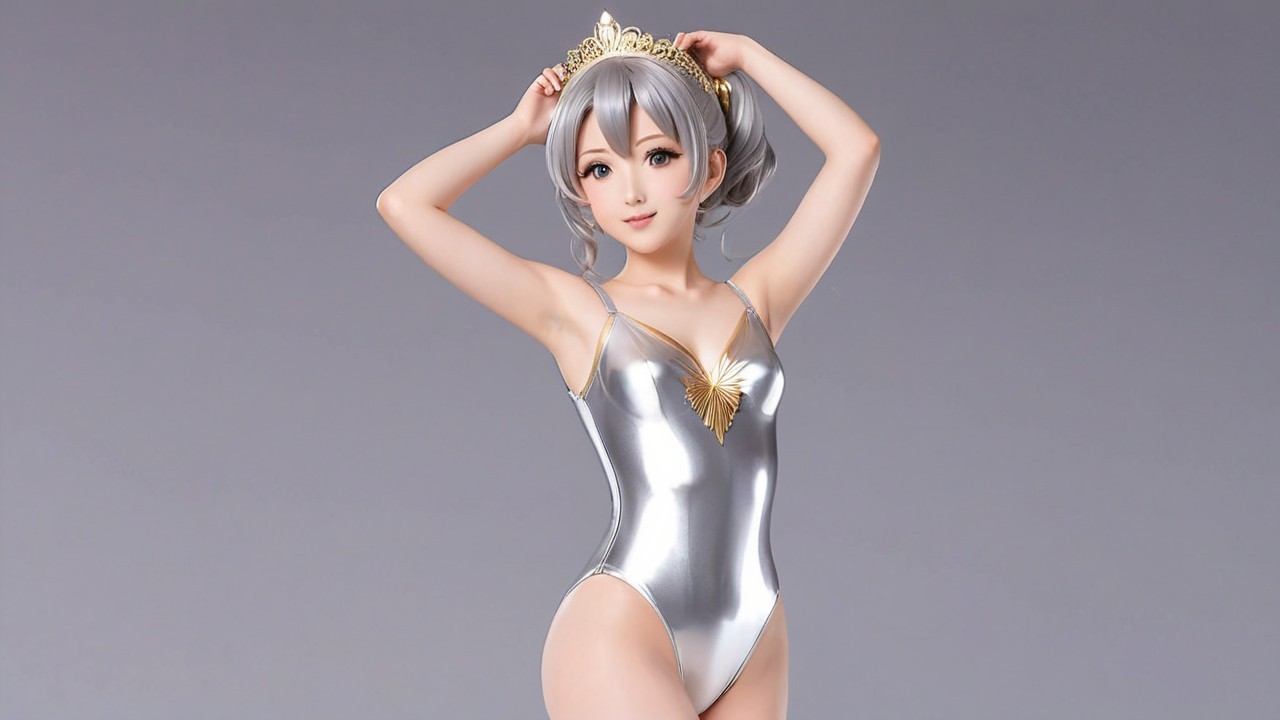 Stylized character in silver swimsuit with crown