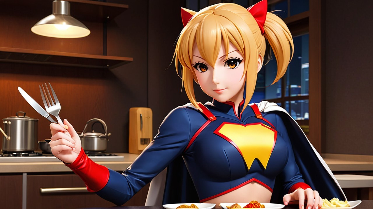 Cheerful superhero character at a dining table setting