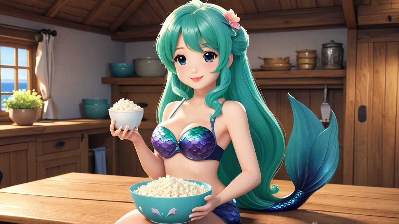 Cheerful mermaid in cozy kitchen with popcorn bowls