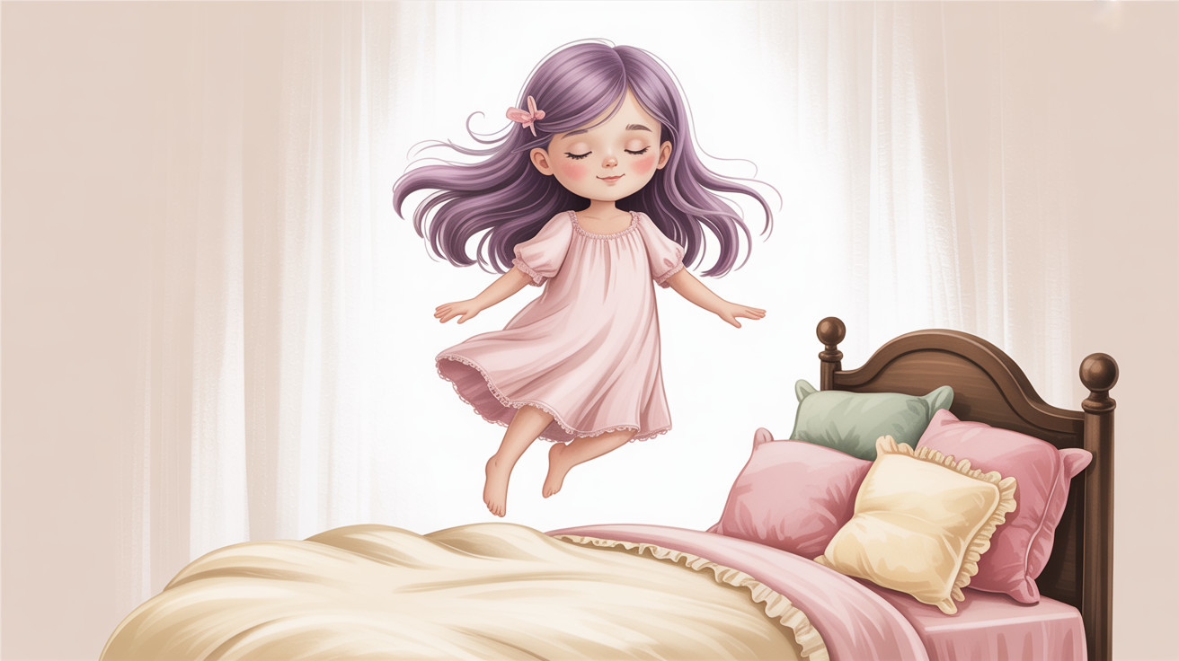 Cartoon of a girl levitating in a pastel bedroom