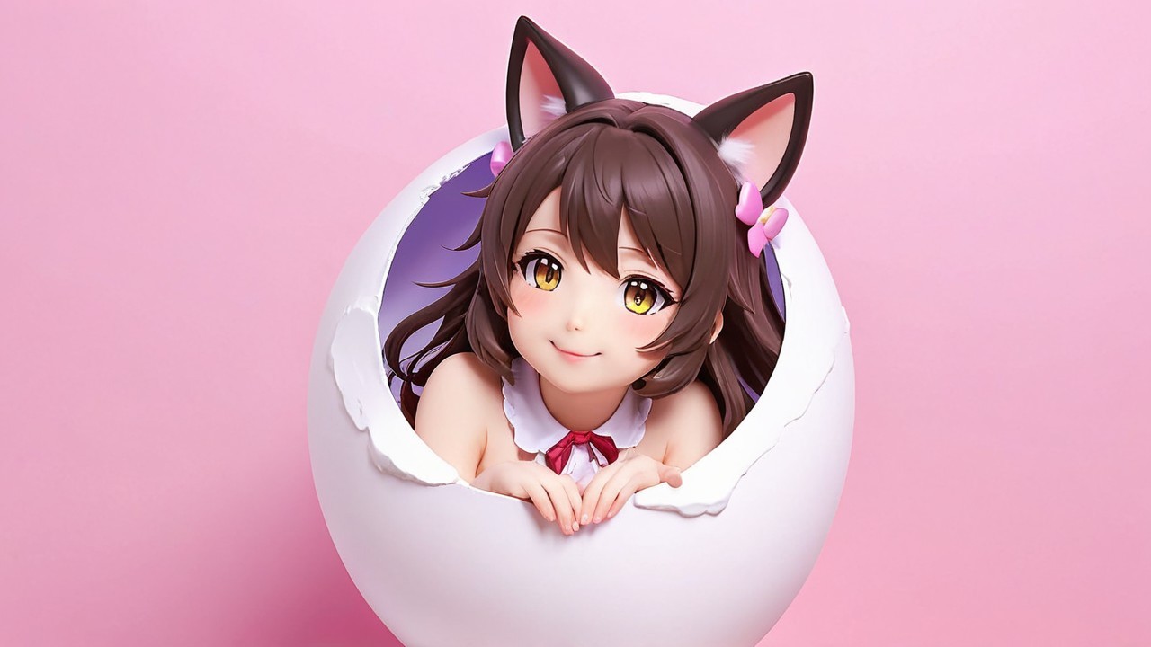 Anime Character Emerging from Cracked Egg with Cat Ears