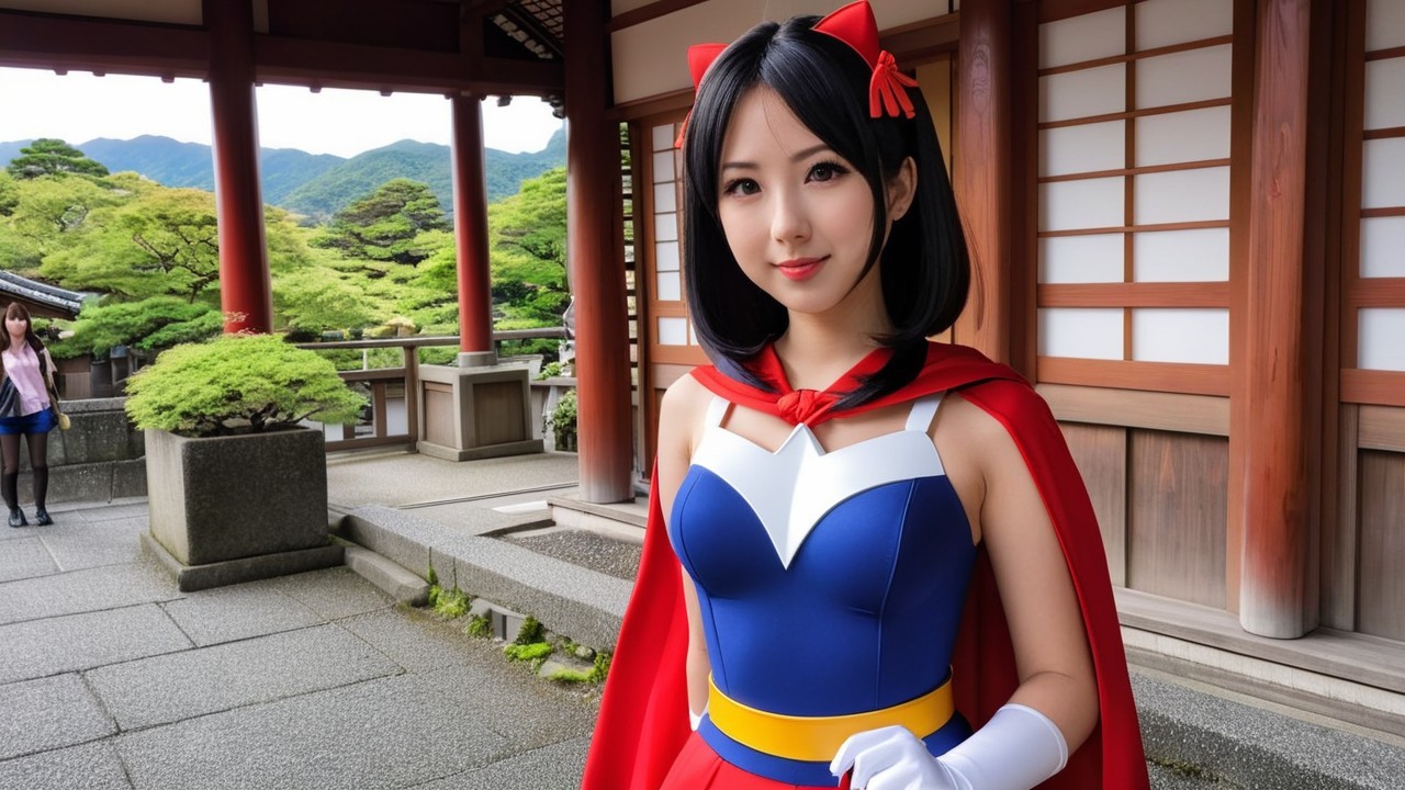 Young Woman in Superhero Costume in Japanese Garden