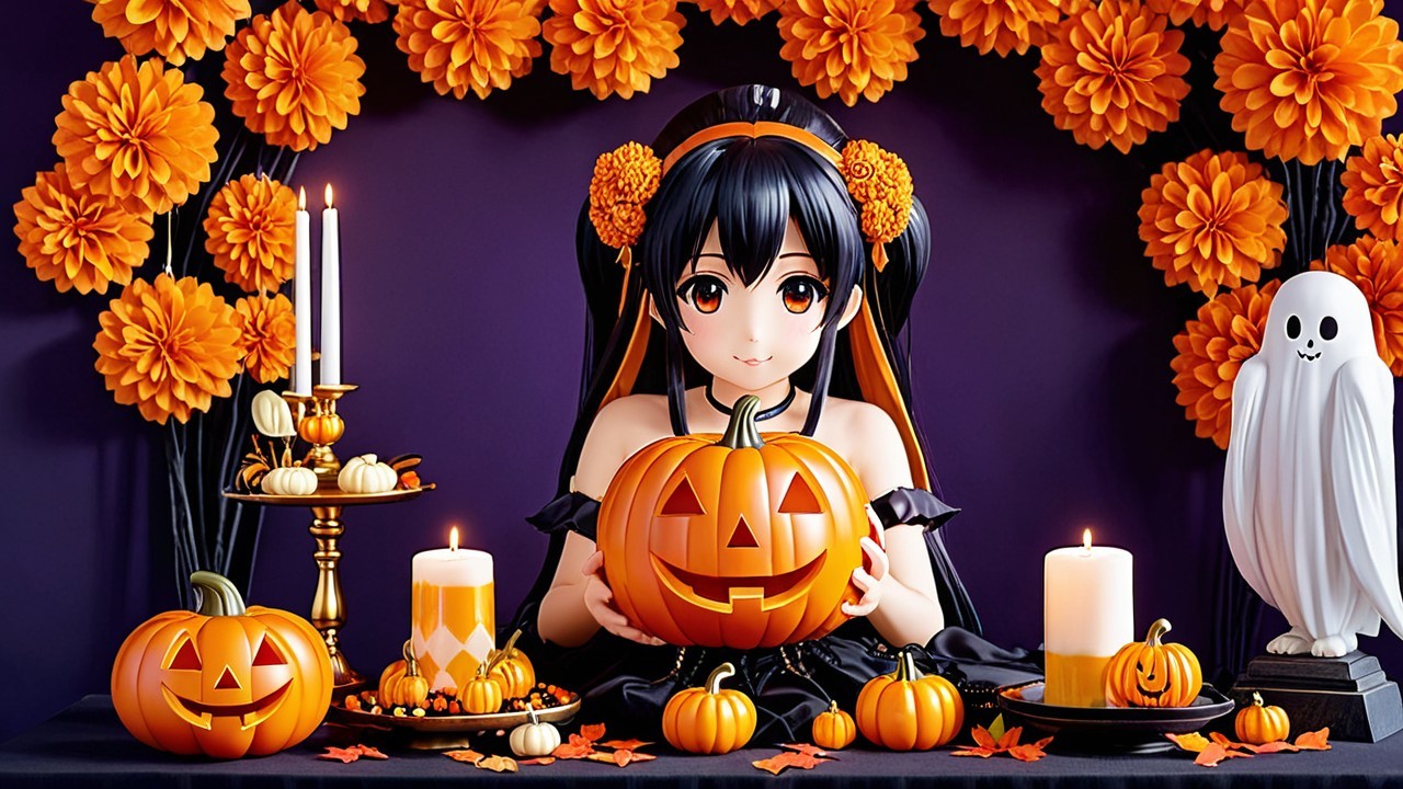 Cheerful Anime Character in Festive Autumn Scene