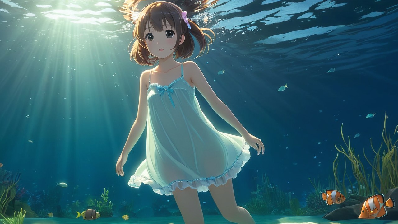 Young girl swimming gracefully among vibrant marine life
