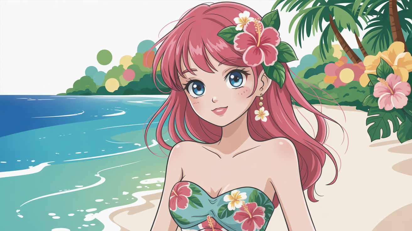 Cheerful Woman in Floral Swimsuit at Turquoise Beach