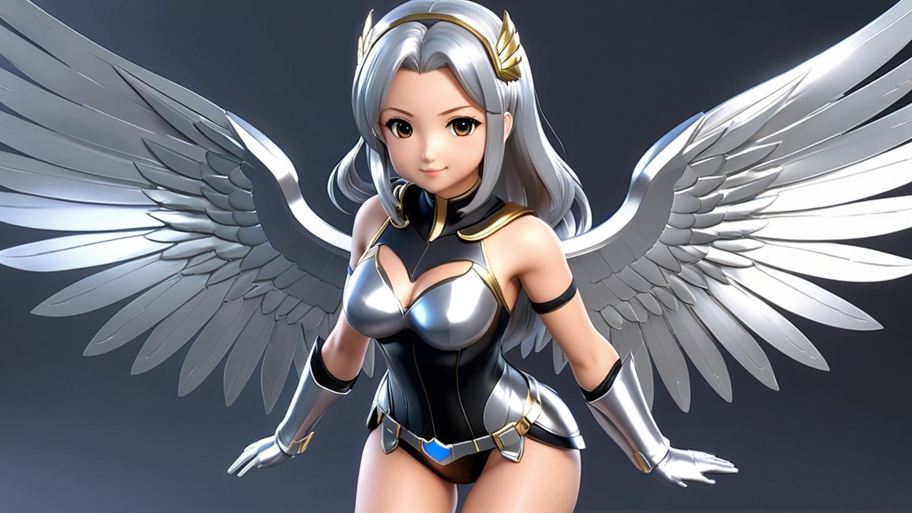 Stylized character with silver hair and feathered wings