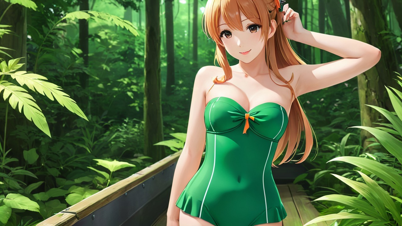 Young woman in green swimsuit on forest path