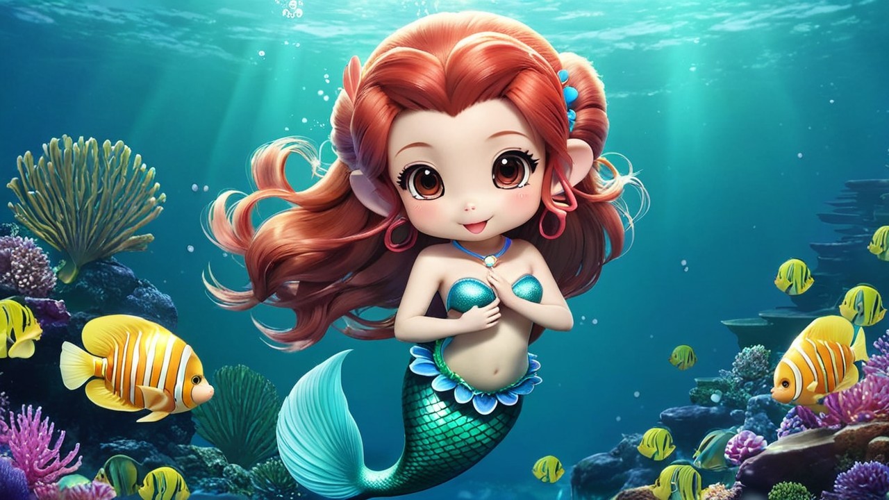 Charming Cartoon Mermaid in Vibrant Underwater Scene