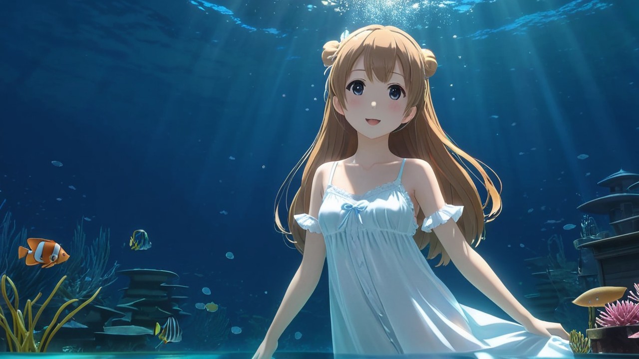 Underwater Scene with a Girl in a White Dress