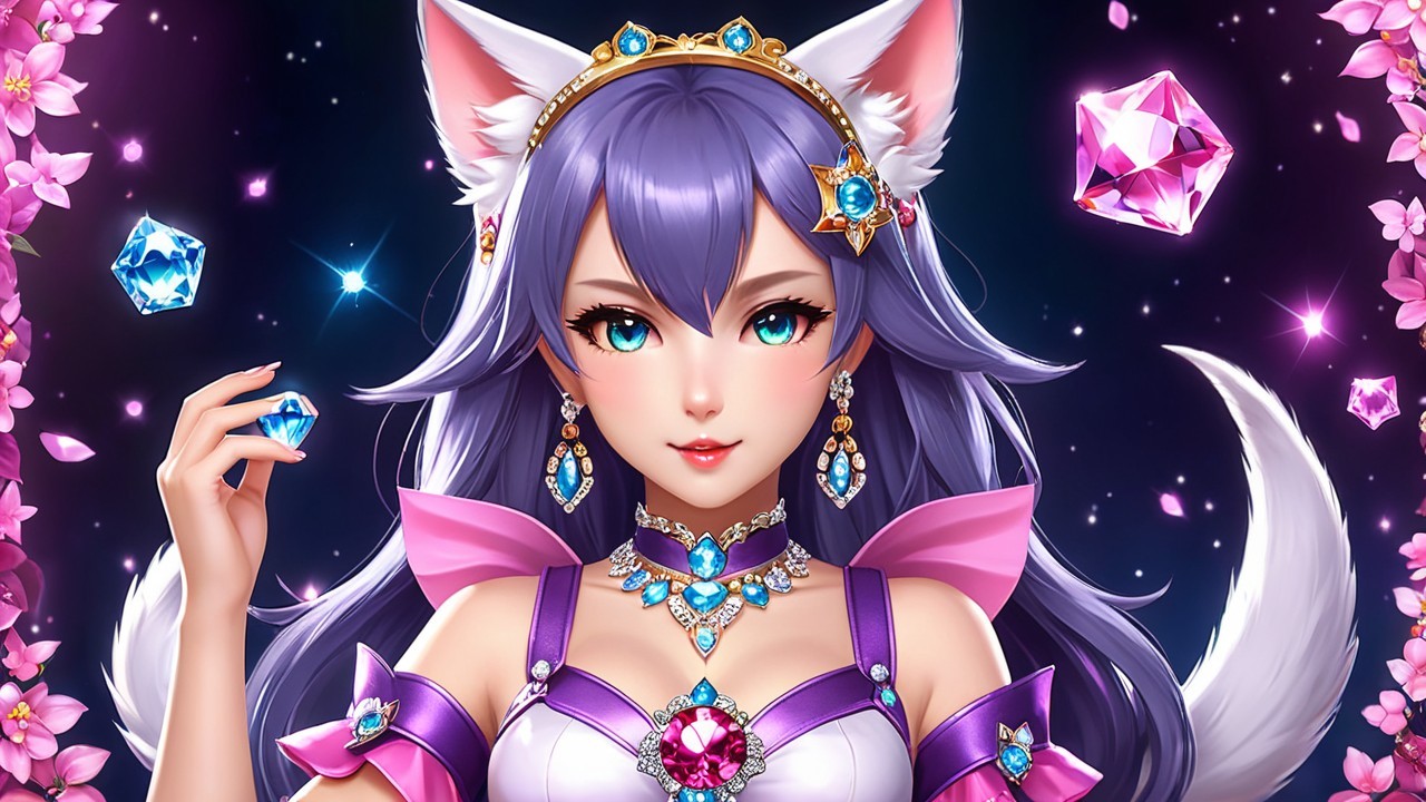 Character with Purple Hair and Cat Ears in Elegant Outfit