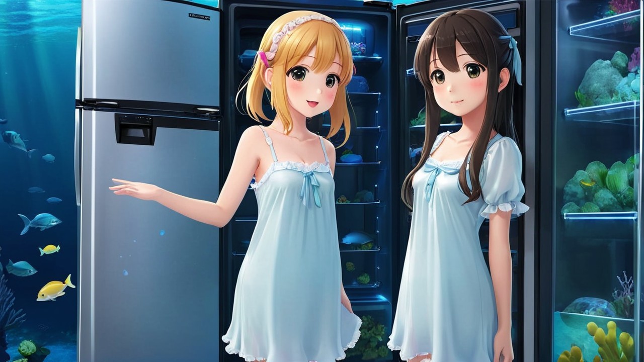 Anime Girls in Front of Modern Refrigerator with Underwater Scene