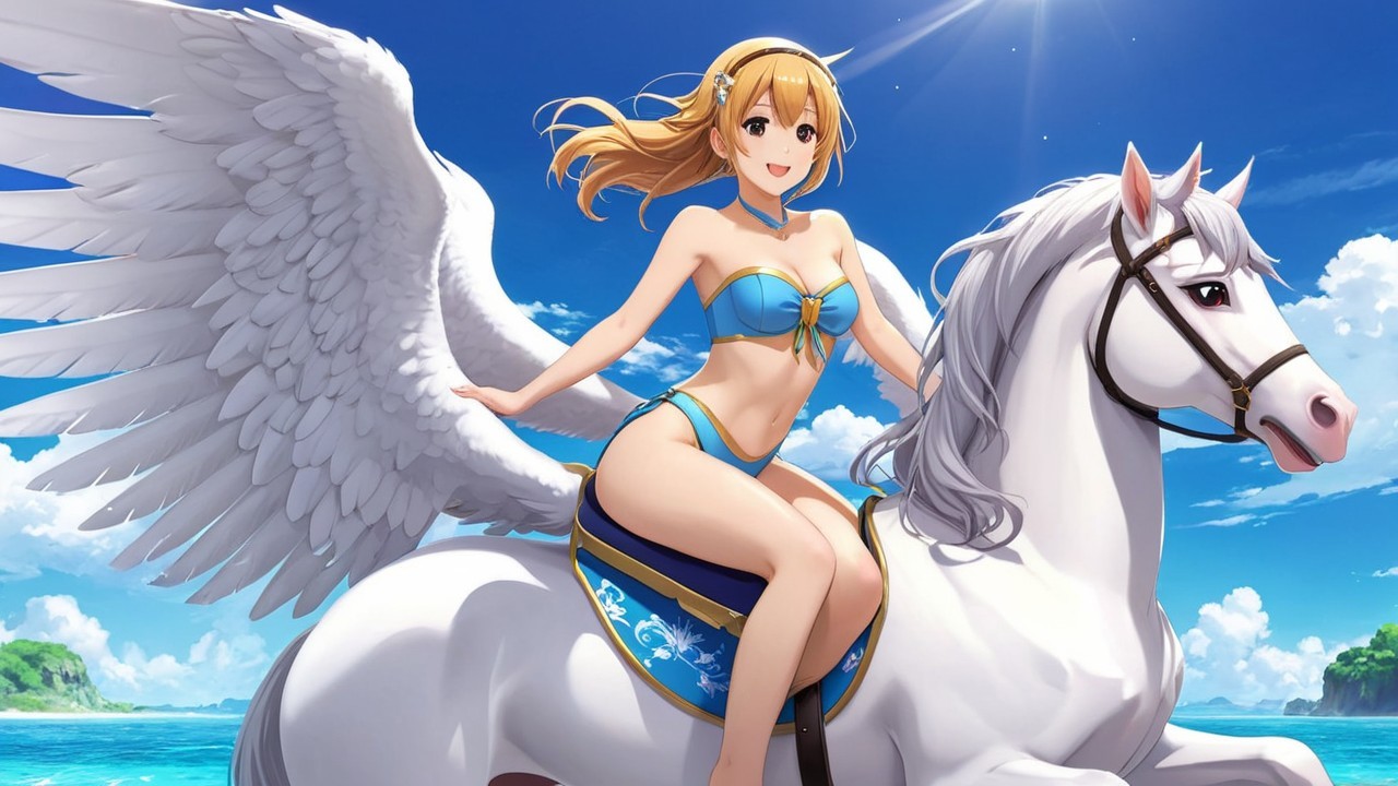 Young Woman on Winged Horse by Ocean in Bikini