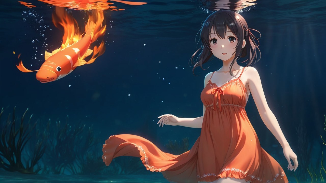 Underwater Scene with Girl and Koi Fish in Orange Dress