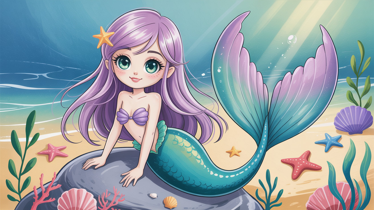 Pastel-Colored Mermaid on Sandy Beach with Seashells