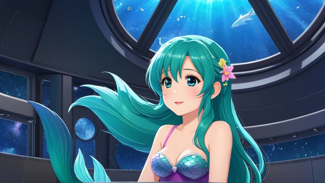 Underwater Scene with Young Woman and Dolphins