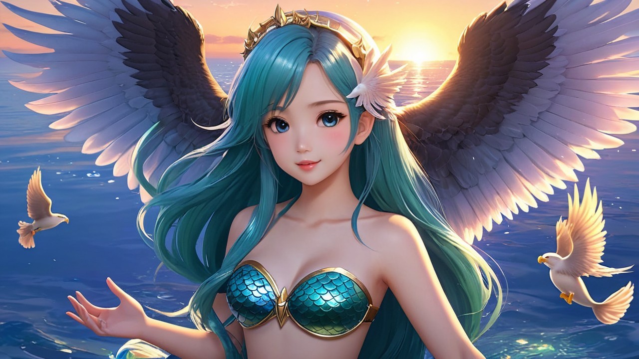 Mermaid with Turquoise Hair in Sunset Ocean Scene