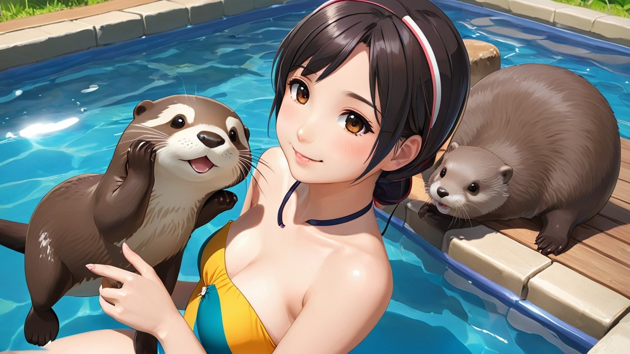 Young Woman with Otters by a Sparkling Pool