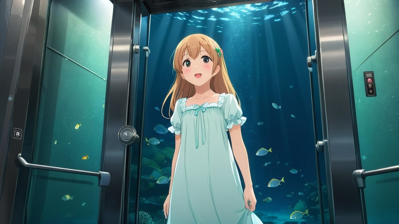 Young girl in nightgown in enchanting underwater scene