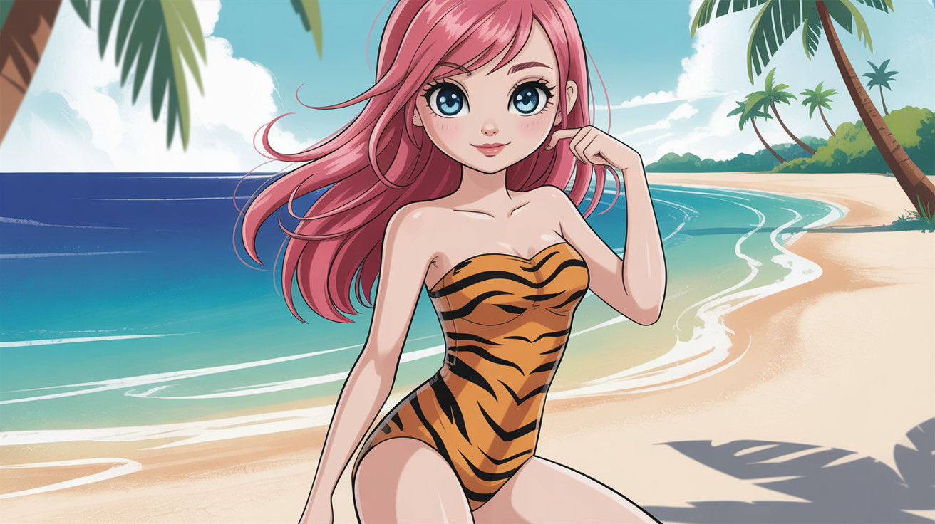 Anime-style digital painting of a woman on a beach