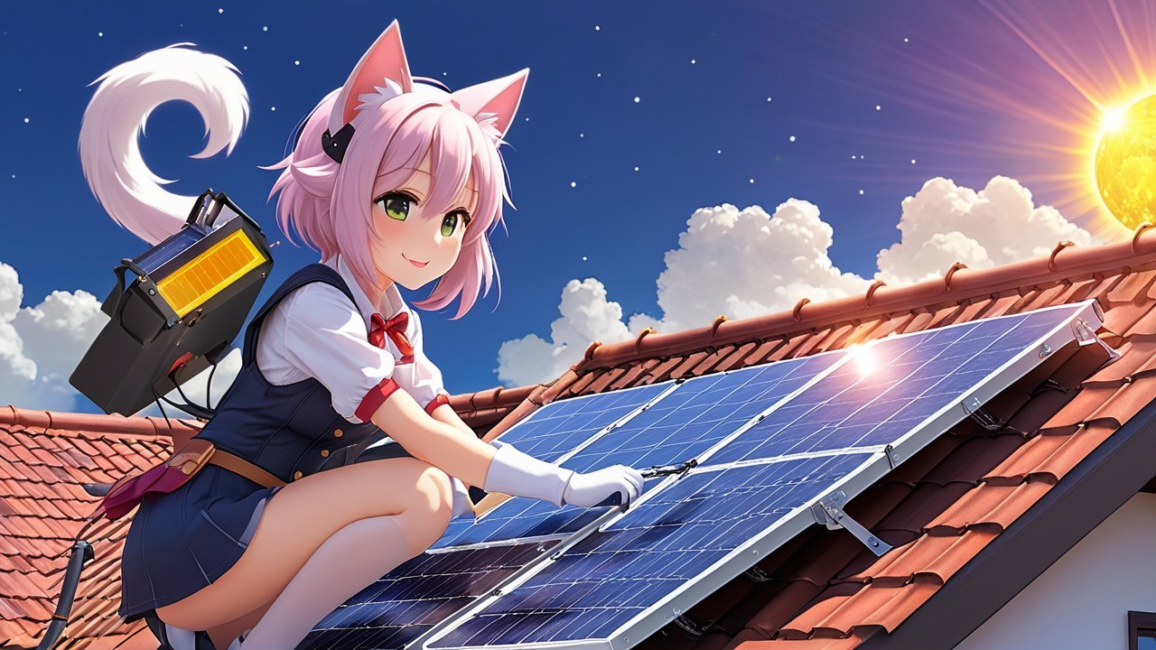 Cheerful Anime Character Installing Solar Panels on Rooftop