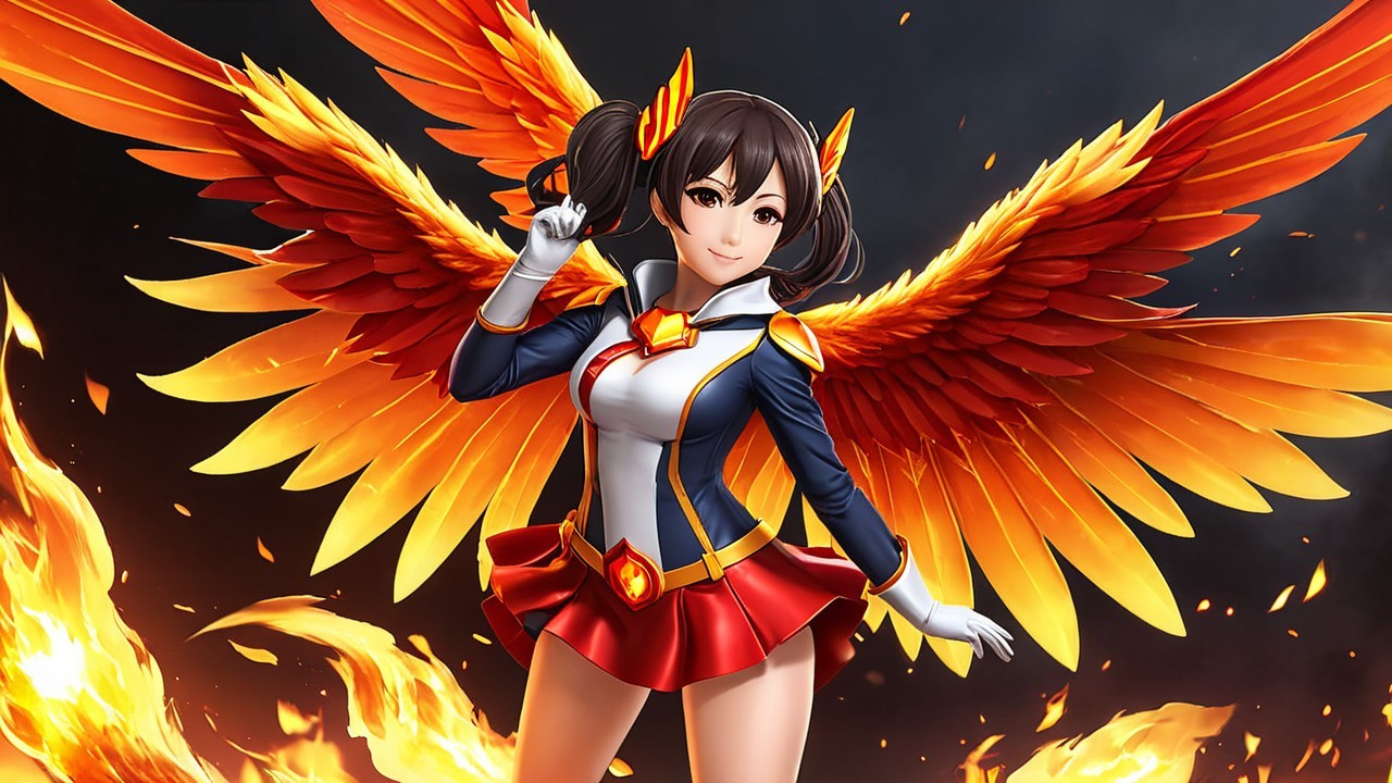 Dynamic Character with Fiery Wings and Stylish Outfit
