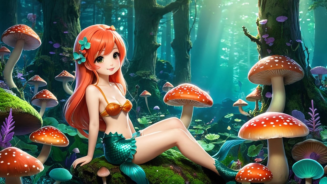 Mermaid in Enchanted Forest with Colorful Mushrooms