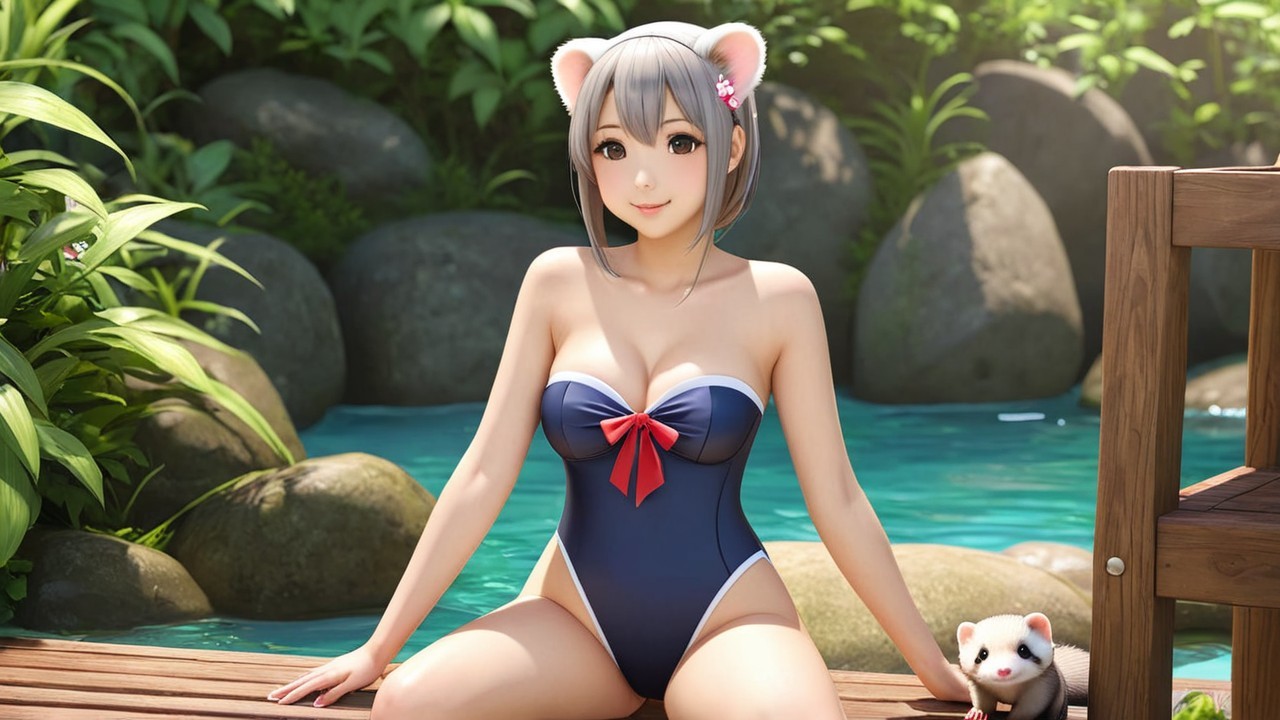 Young woman in navy swimsuit by serene poolside