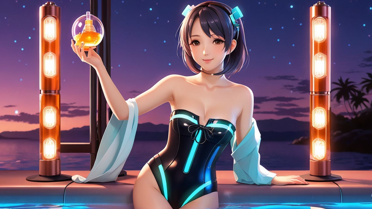 Stylish character by pool at twilight with ocean view