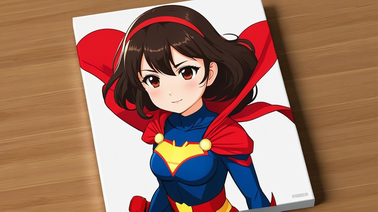 Young Girl in Bright Superhero Costume with Cape