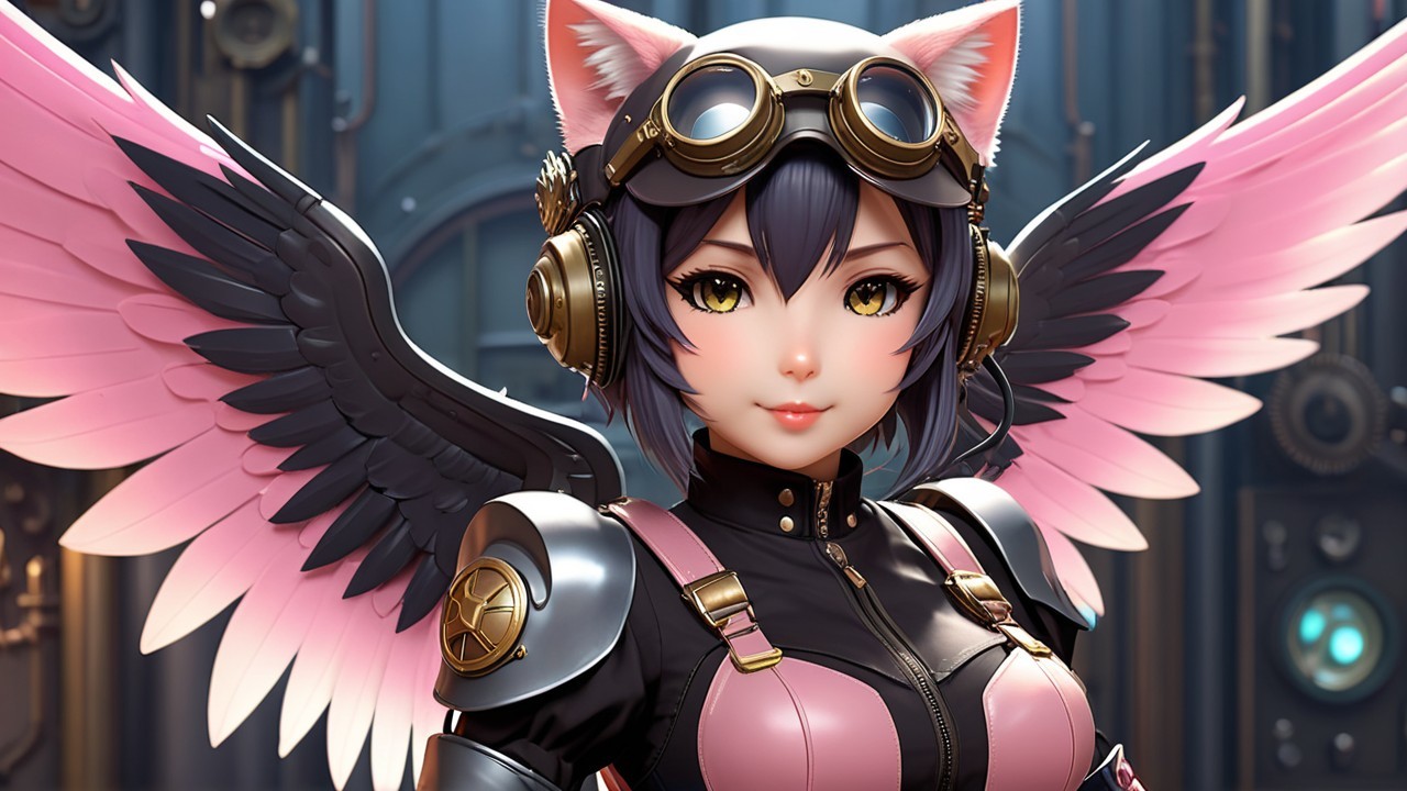 Character with Cat-Like Features and Mechanical Outfit