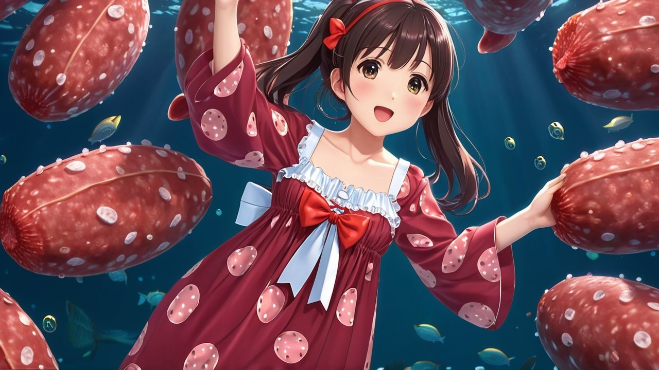 Cheerful girl underwater with floating sausages and fish