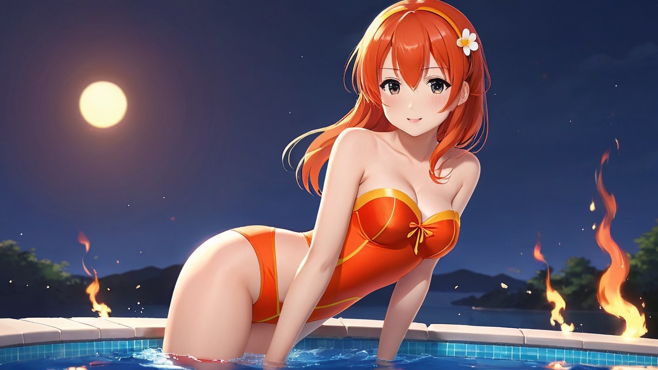 Young Woman in Orange Bikini by Pool at Night