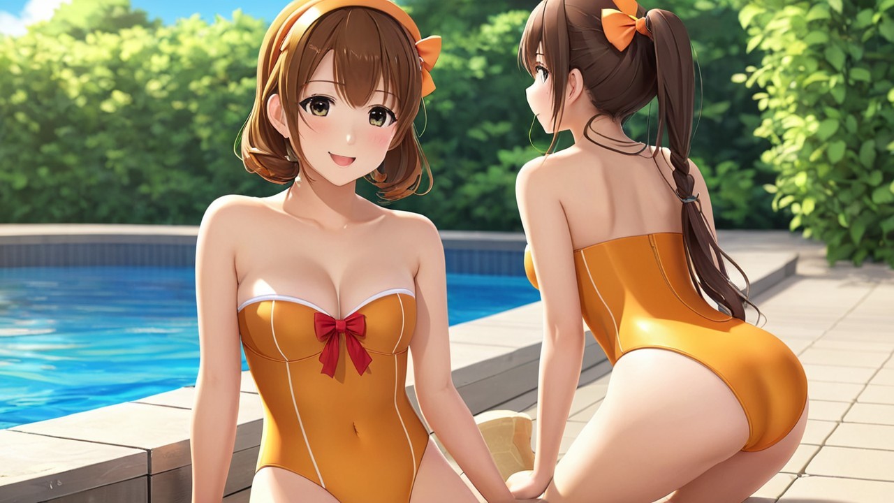 Animated Characters by Pool in Orange Swimsuits