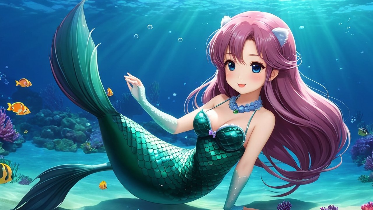 Whimsical Mermaid in Vibrant Underwater Scene