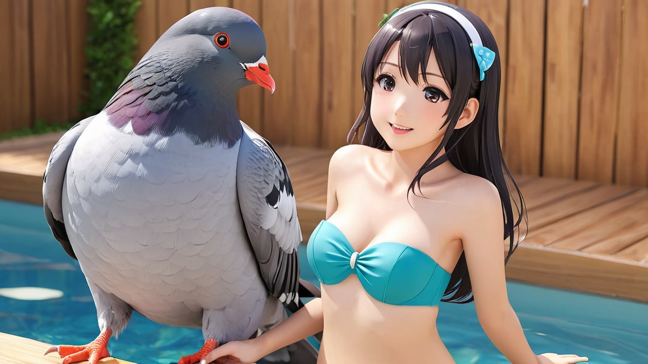 Young Woman in Turquoise Bikini by Pool with Pigeon