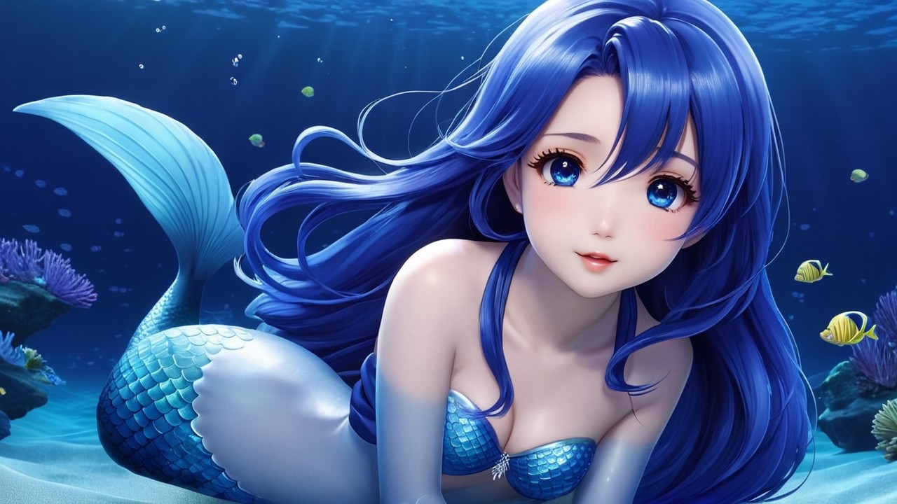 Mermaid with Blue Hair and Iridescent Tail Underwater