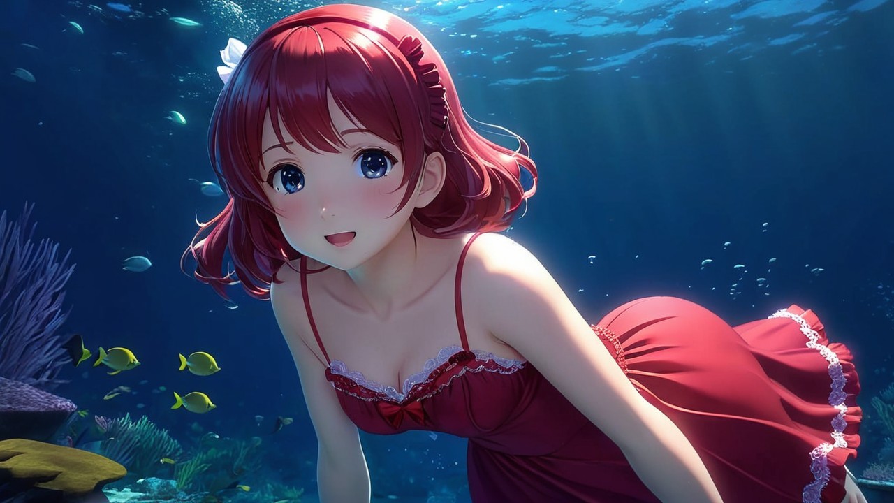 Vibrant Underwater Scene with Cheerful Girl and Fish