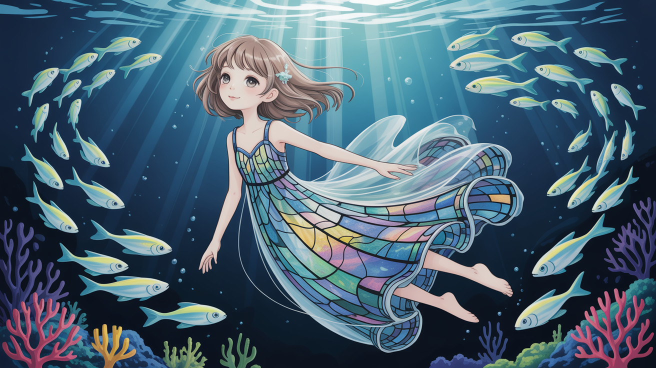 Young Girl Floating Underwater in Colorful Dress