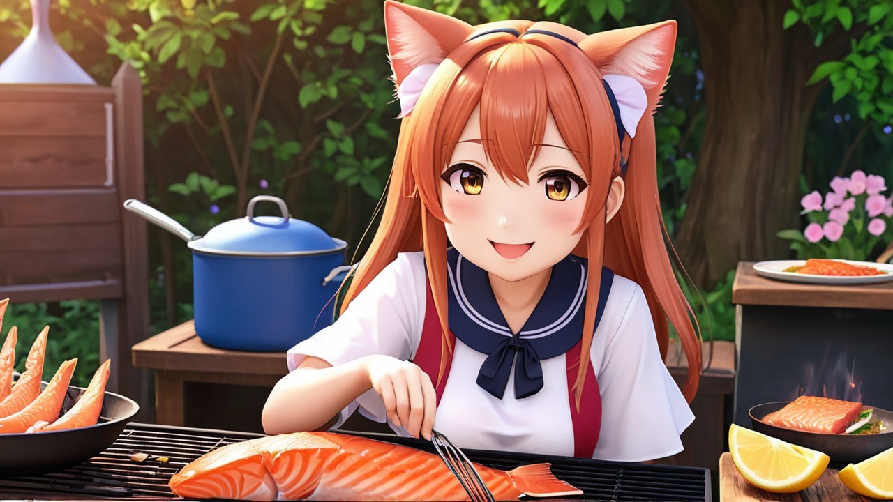 Anime-style girl cooking salmon outdoors with fox ears