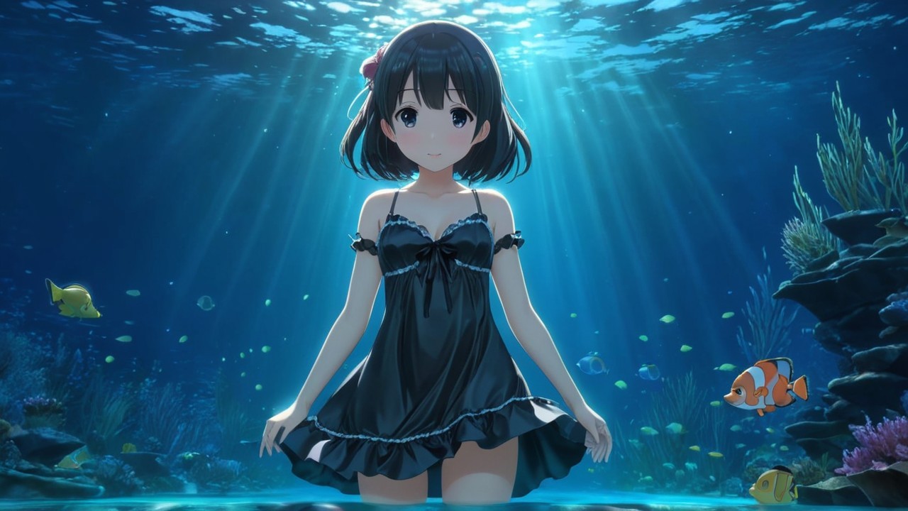 Young girl in black swimsuit amidst vibrant coral scene